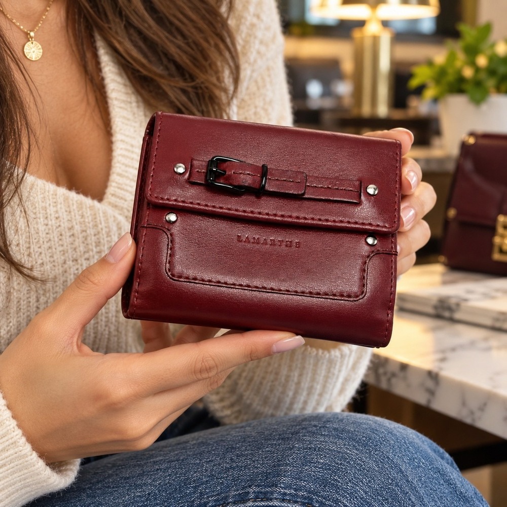 Lamarthe Made in Italy Burgundy Red Leather Bifold Wallet Buckle Stud Compact